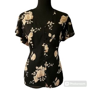 2000s Sheer Black Floral Flutter Sleeve Top sz M